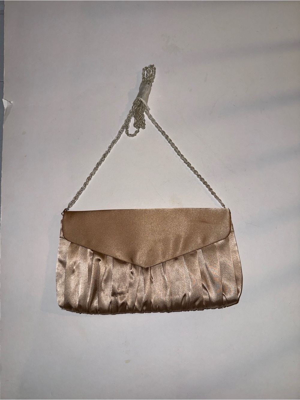 Nina Champagne Satin Pleated Clutch with Chain Strap